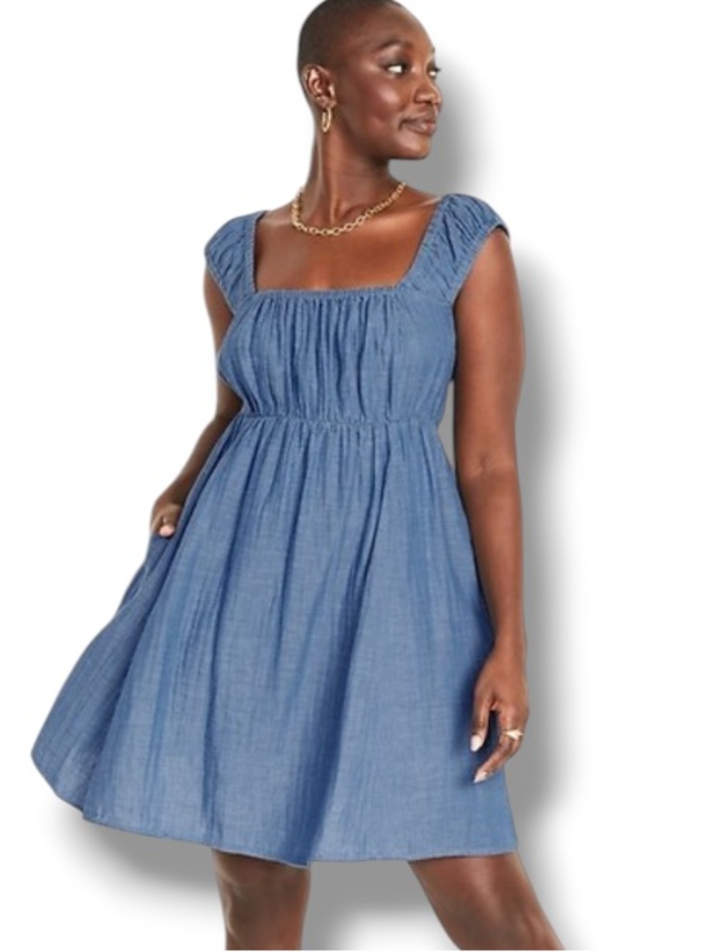 Old Navy Women’s Cap-Sleeve Chambray Cutout Bow-Detailed Mini Swing Dress